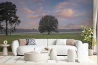 A clean contemporary living space finished with Tranquil Sunrise Field Wall Mural, GD8872