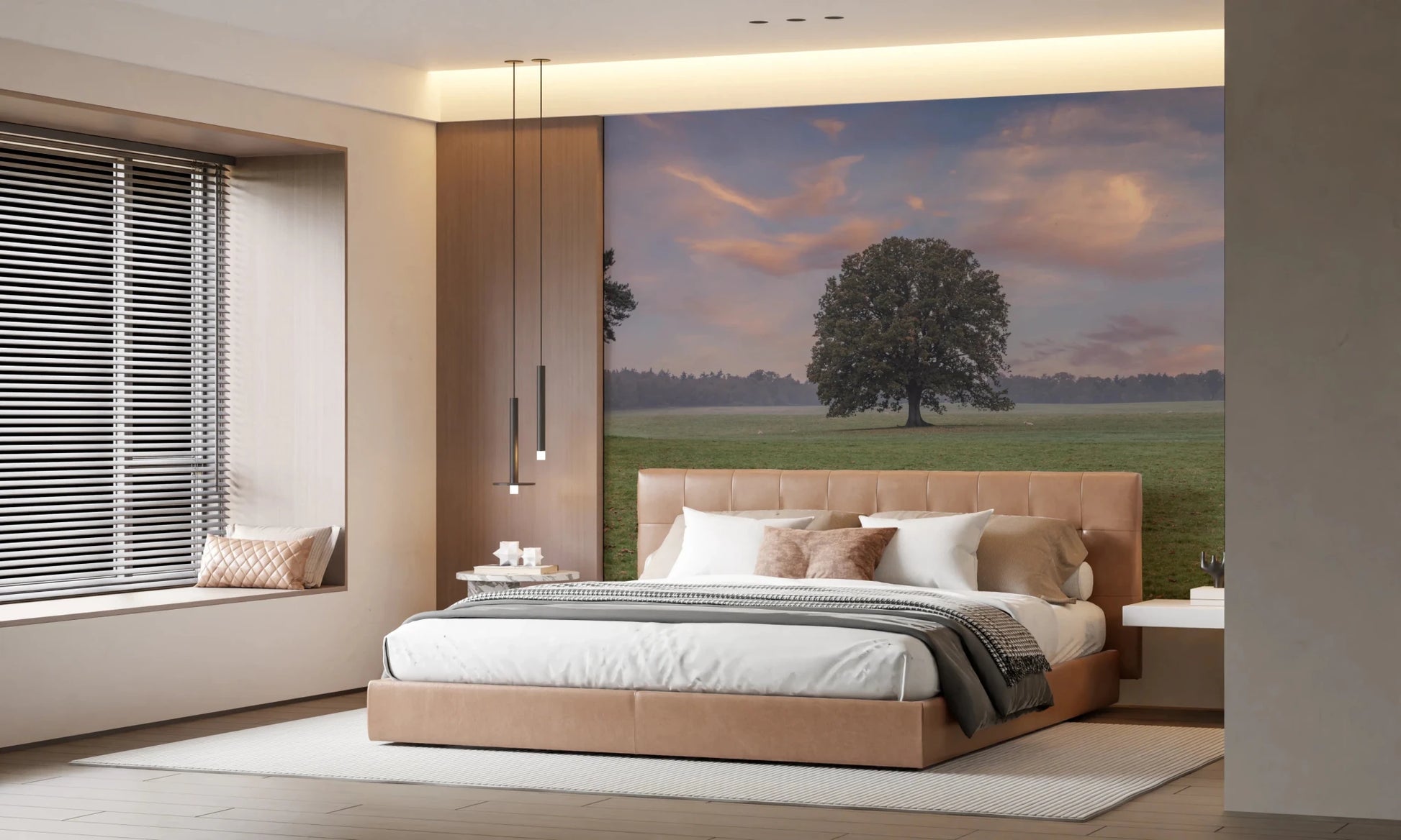 Tranquil Sunrise Field Wall Mural adding a peaceful focal point to a minimalist bedroom, GD8872