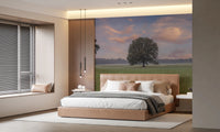 Tranquil Sunrise Field Wall Mural adding a peaceful focal point to a minimalist bedroom, GD8872