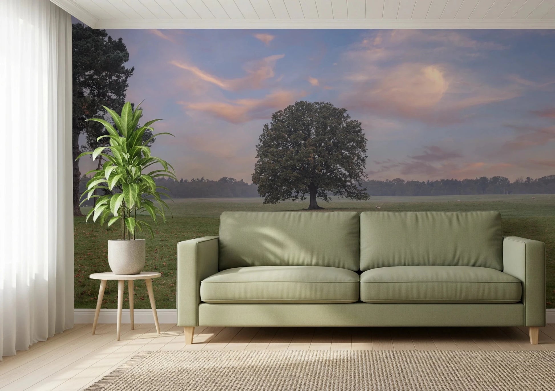 Tranquil Sunrise Field Wall Mural shown in a cozy green-toned living room setting, GD8872