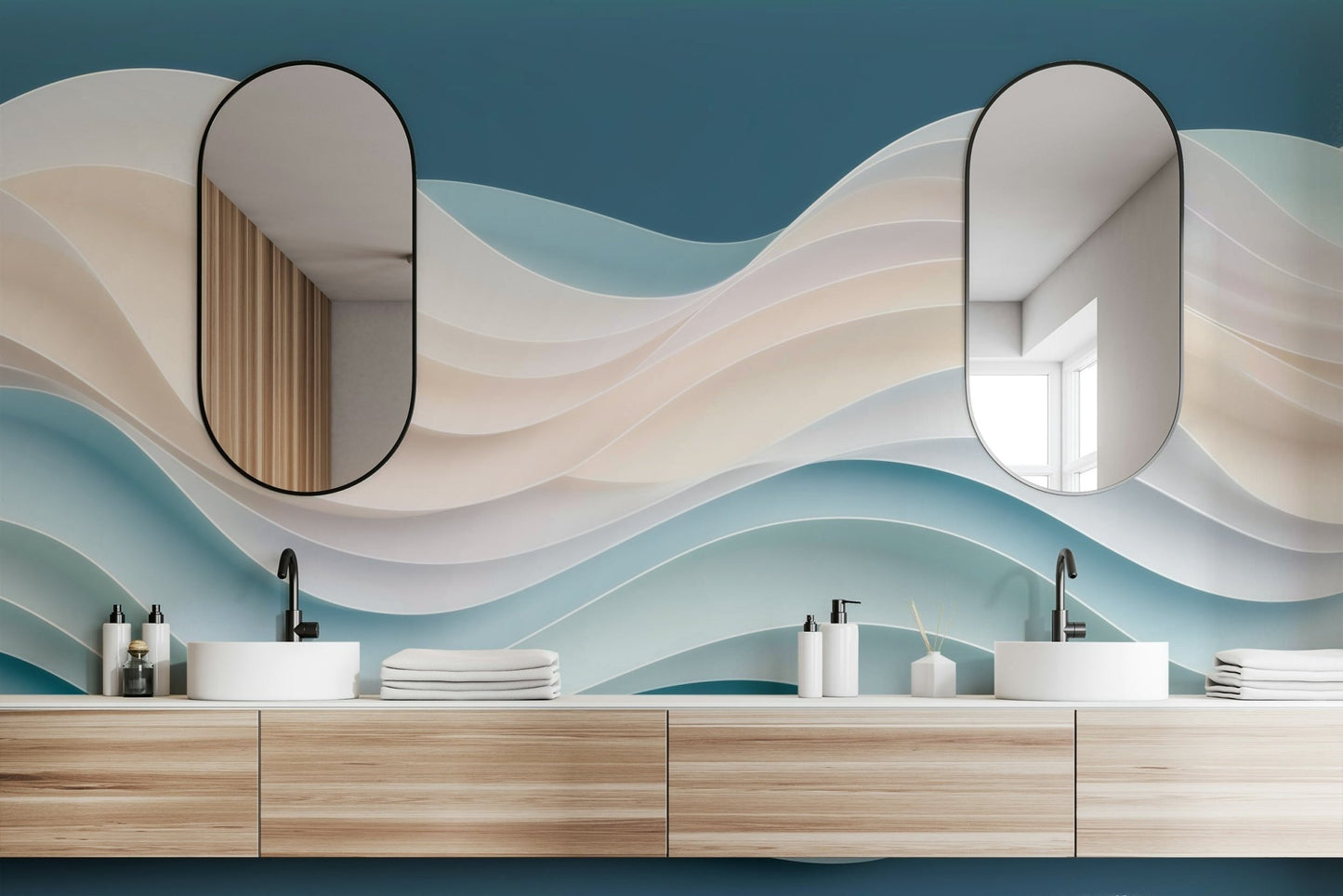 The wall mural is installed on a living room feature wall.

