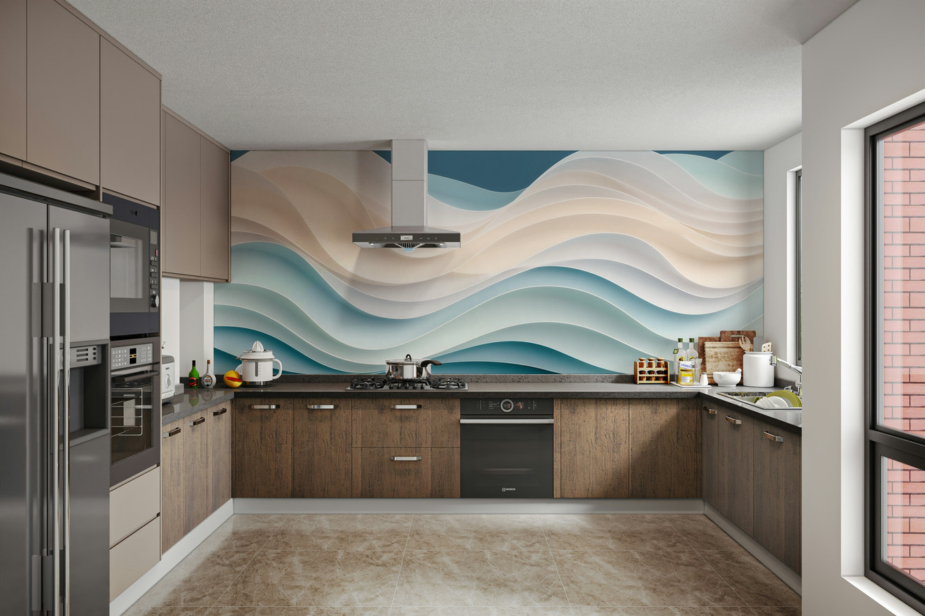 A photo-realistic wall mural of a tranquil ocean scene.

