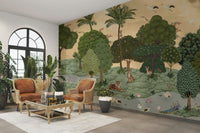 Lush green foliage, including large leaves and vines, surrounds the tiger.

