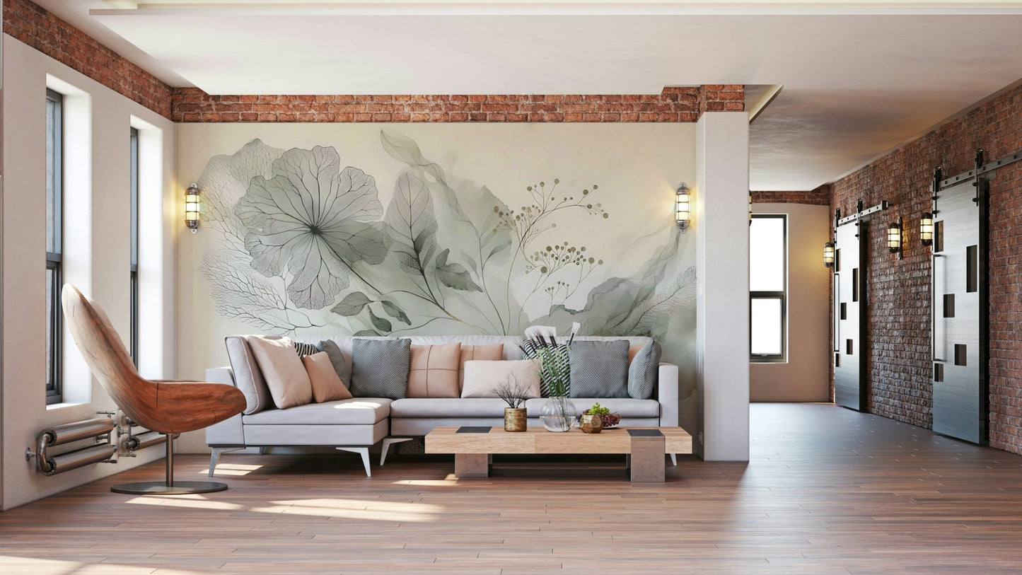 Watercolor-style mural in restful natural shades.


