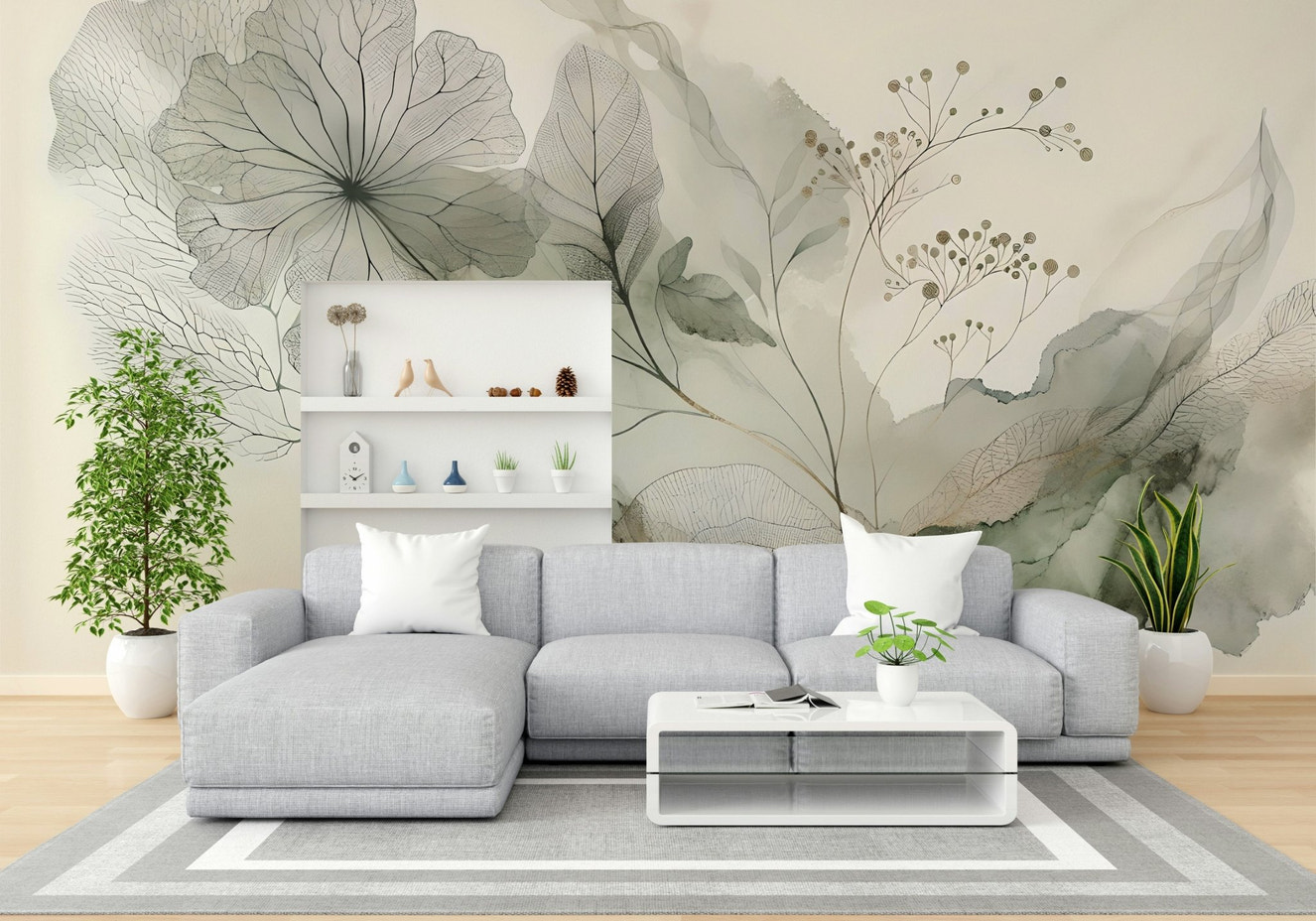 Calming wall mural in muted beige, blue, and blush shades.

