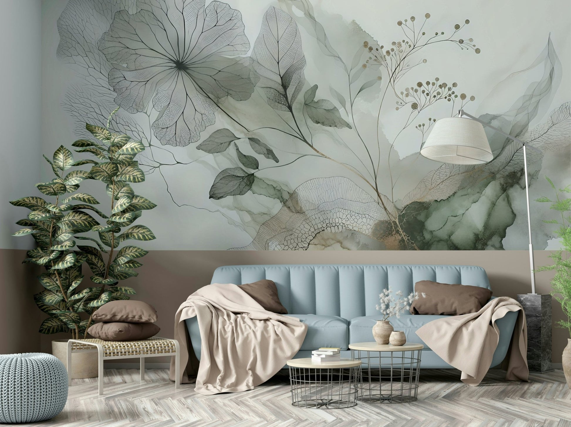 Artistic mural evoking calm with layered soft tones.

