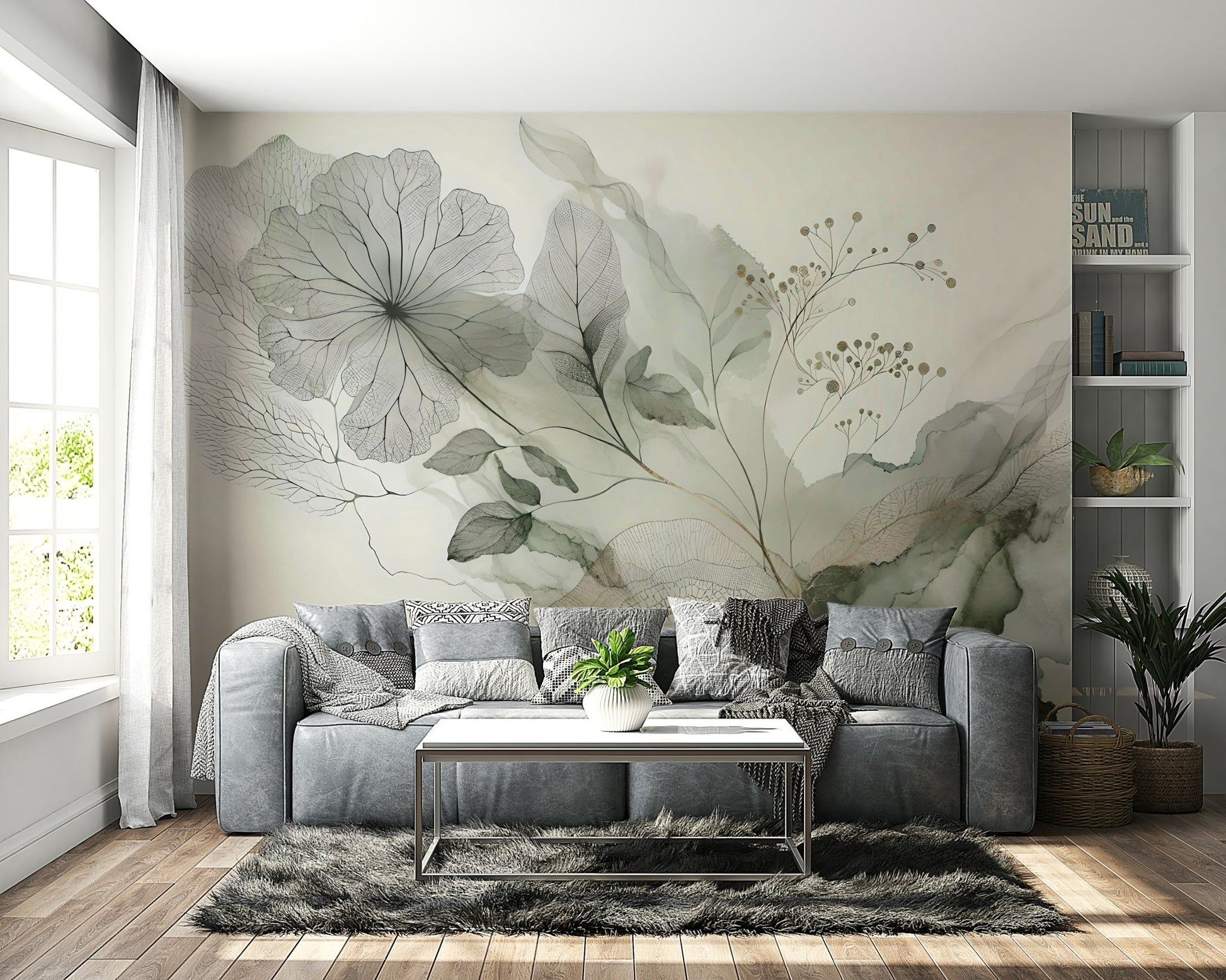 Gradient mural in soft taupe, sage, and dusty rose.

