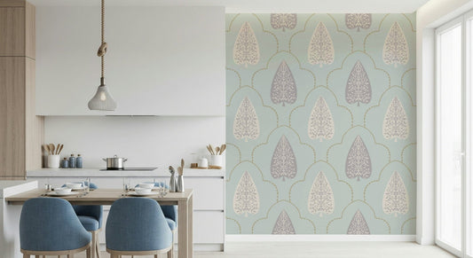 Tranquil Trellis sophisticated botanical wall mural, soft sage green shades.