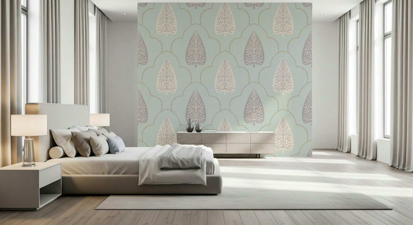 Tranquil Trellis Mural, gorgeous scallop design and central foliage.