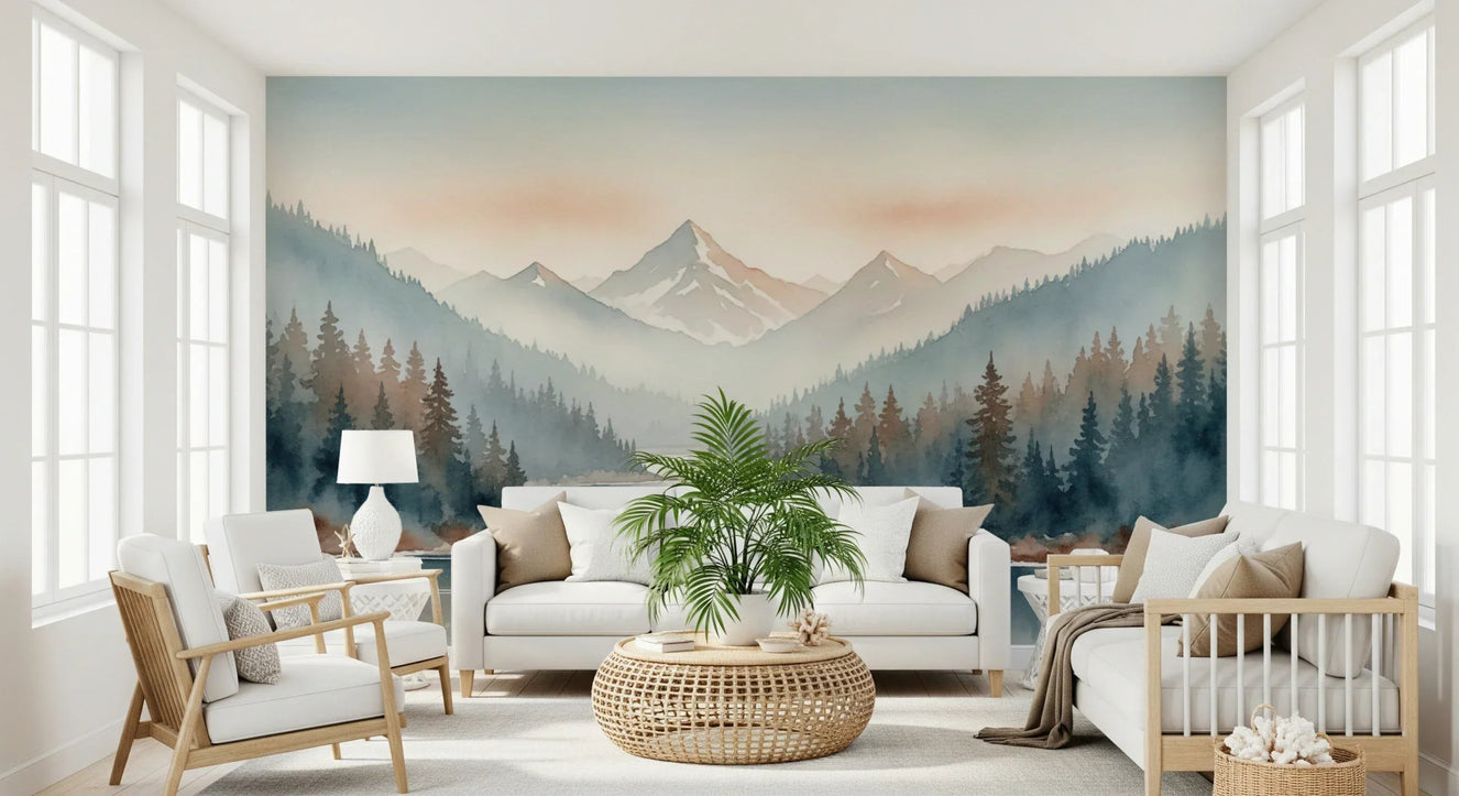 Misty pine layers give Tranquil Valley Wall Mural a quiet scenic look