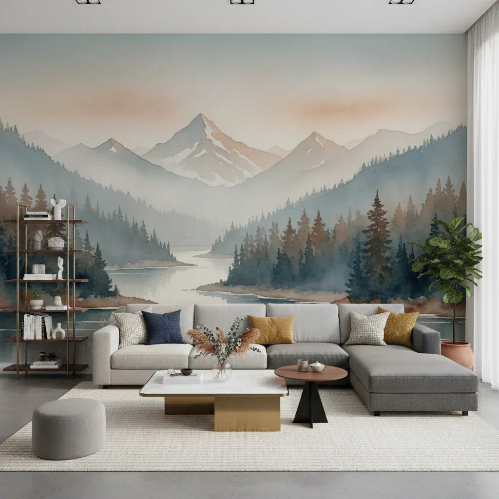 Living room with Tranquil Valley Wall Mural and misty mountain lake view