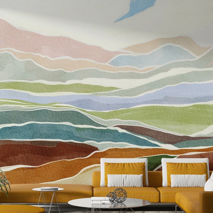 Living room accent with soft hills mural

