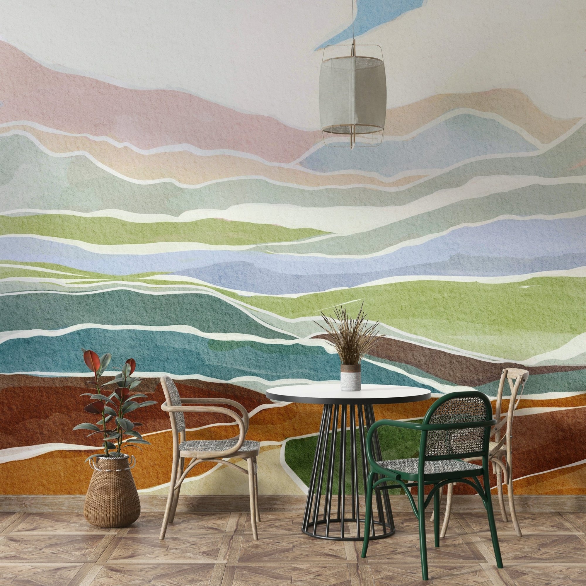 Tranquil Watercolor Hills wall mural on living room wall, GD1071