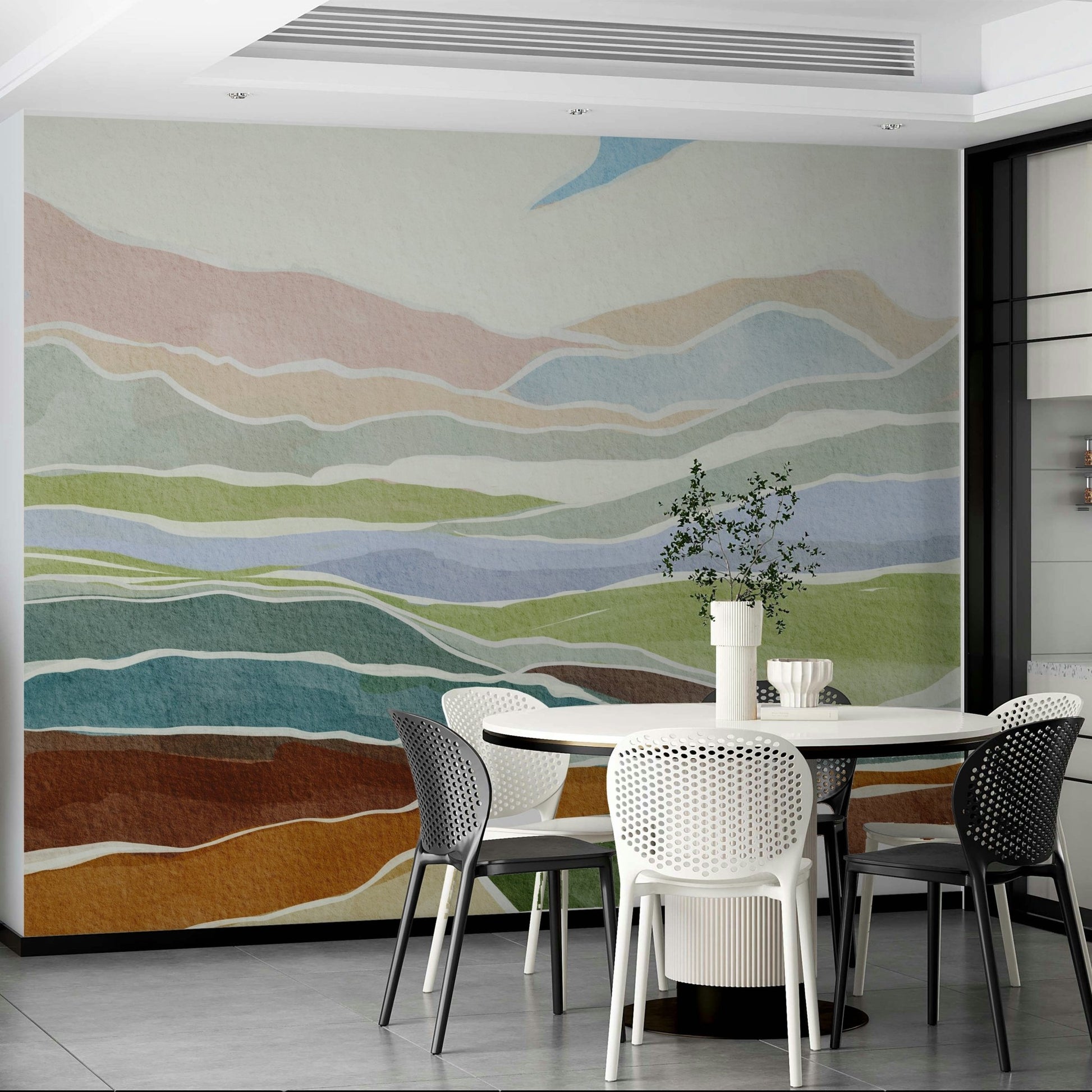 Quiet space with watercolor mural wallpaper

