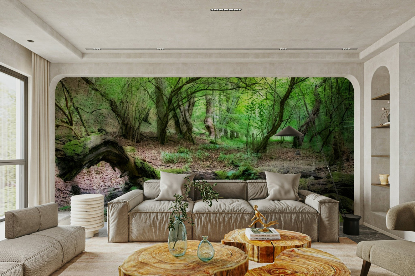 A wall mural of a lush green forest.


