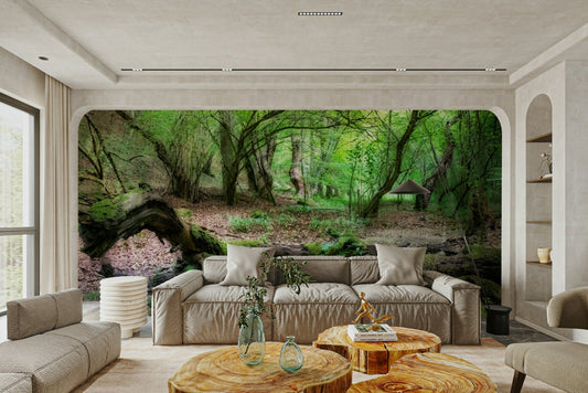A wall mural of a lush green forest.

