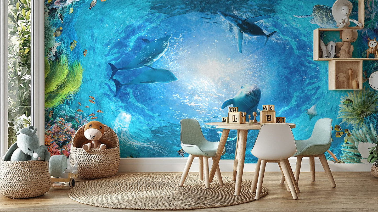 Aqua blue dolphin wallpaper for walls