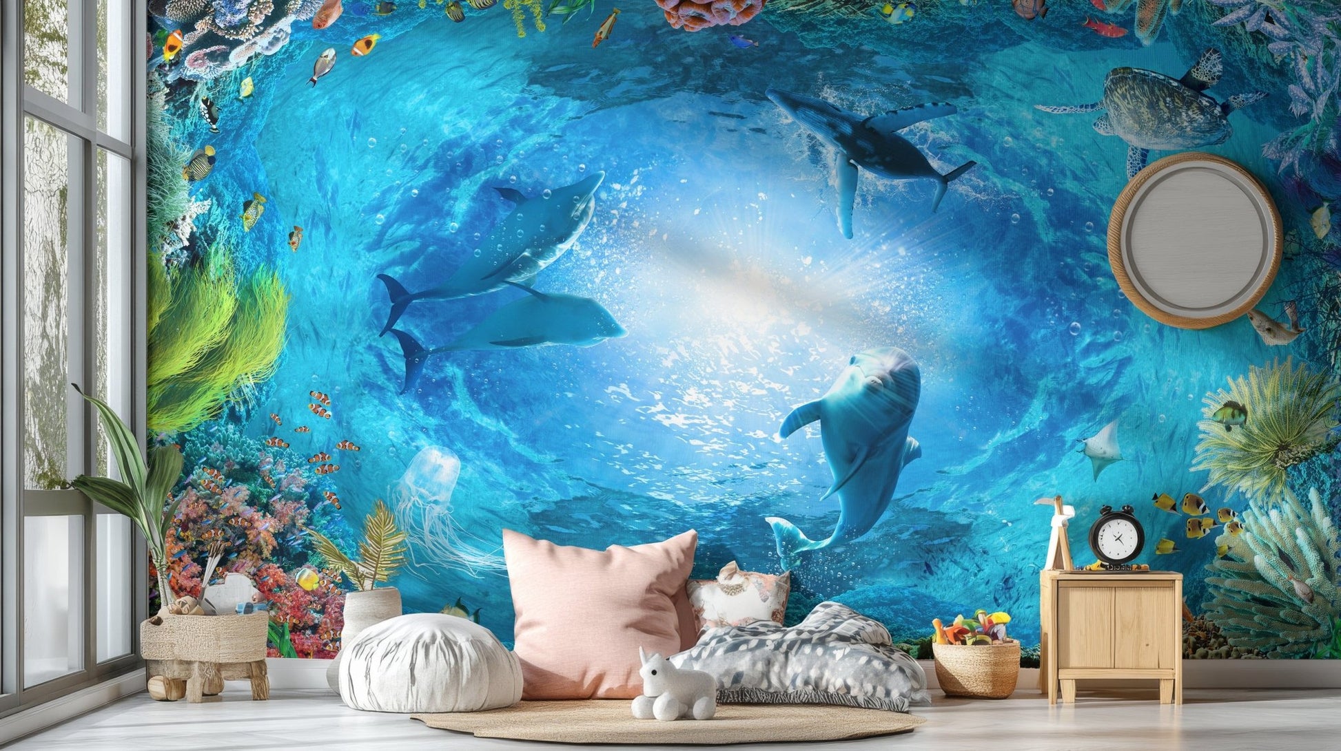 Underwater Landscape Aqua Blue Color Dolphin Wallpaper - Giffywalls