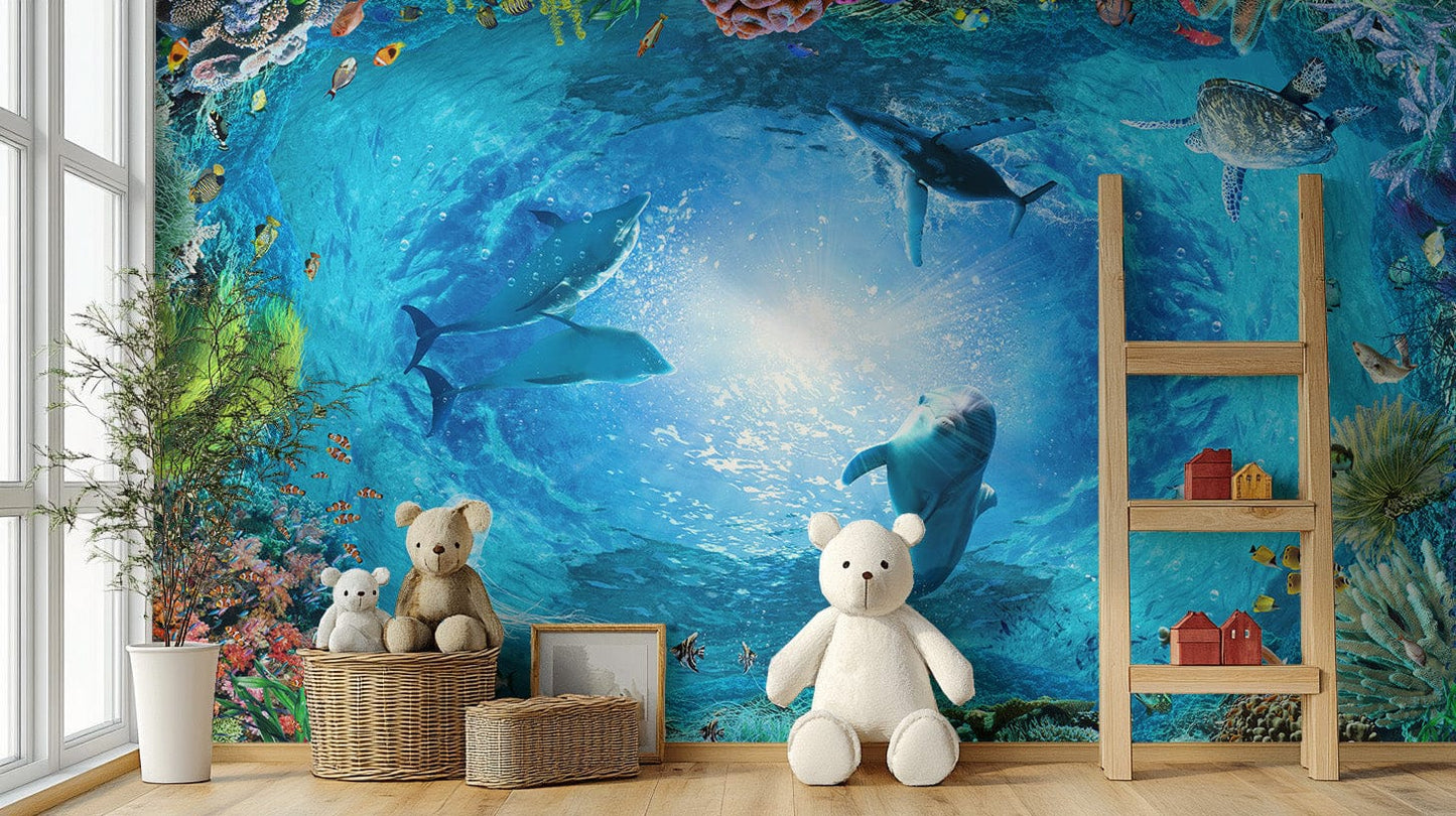 Serene underwater dolphin wallpaper art