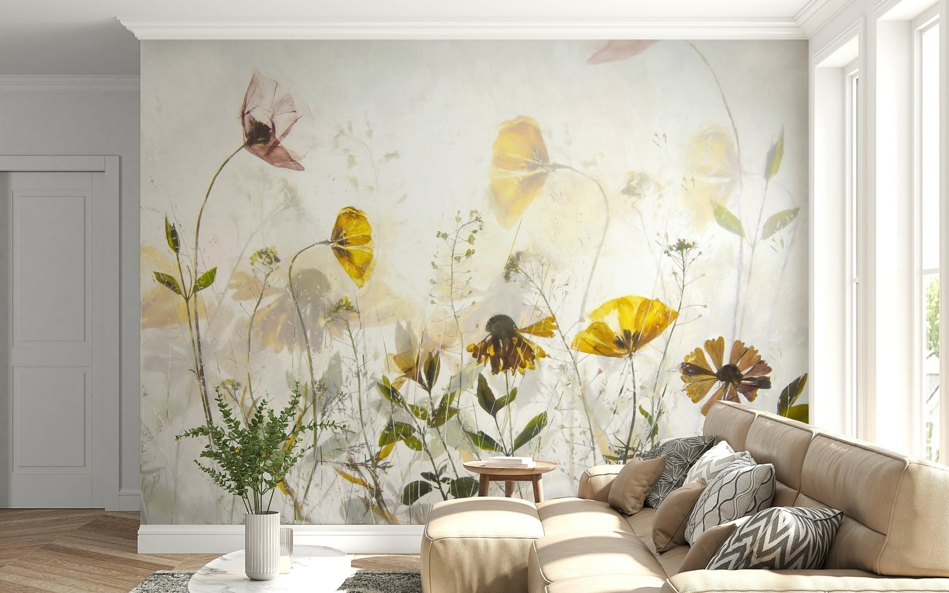 A contemplative hazy floral wallpaper mural for a feature wall.