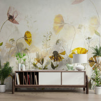 A peaceful flower design mural on decorative wallpaper.