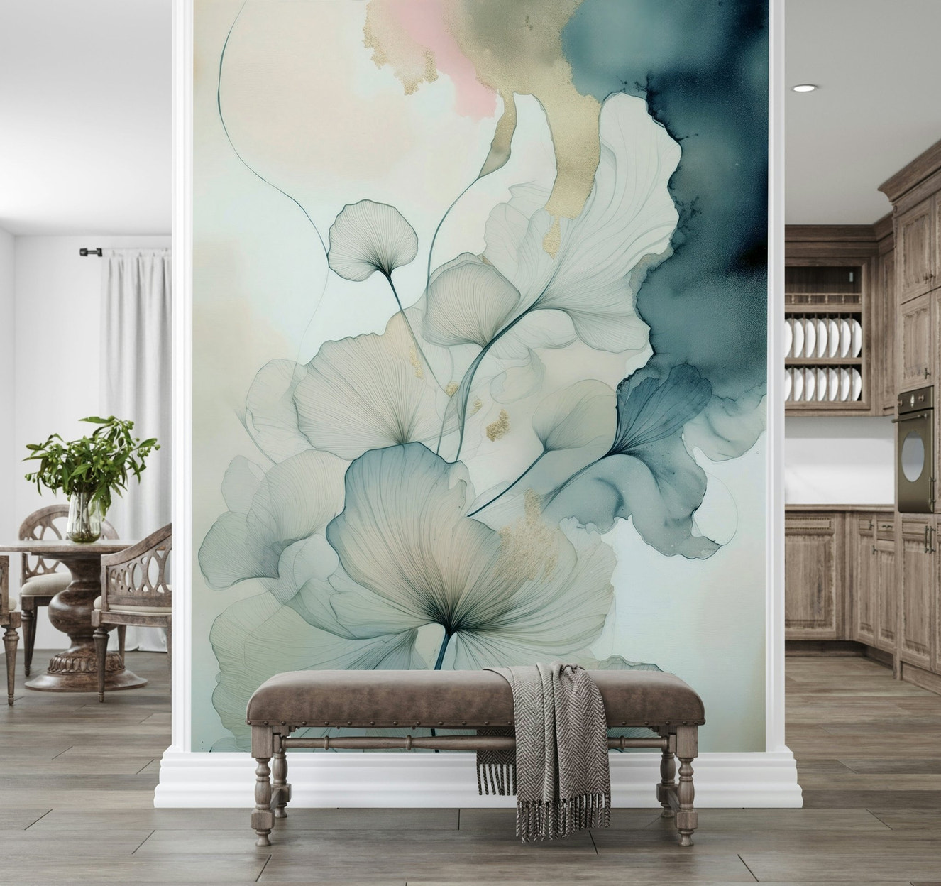 Bright kitchen area featuring Translucent Teal Petals Wall Mural.