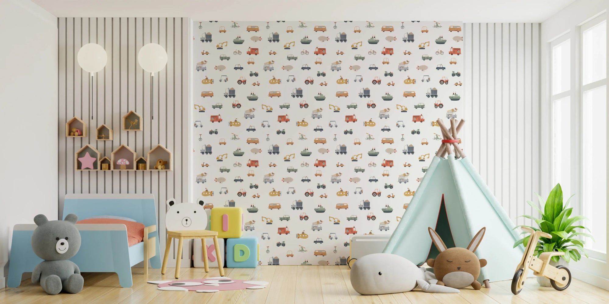 Kids room with Transportation Fun wallpaper and playful vehicle pattern, GD8128