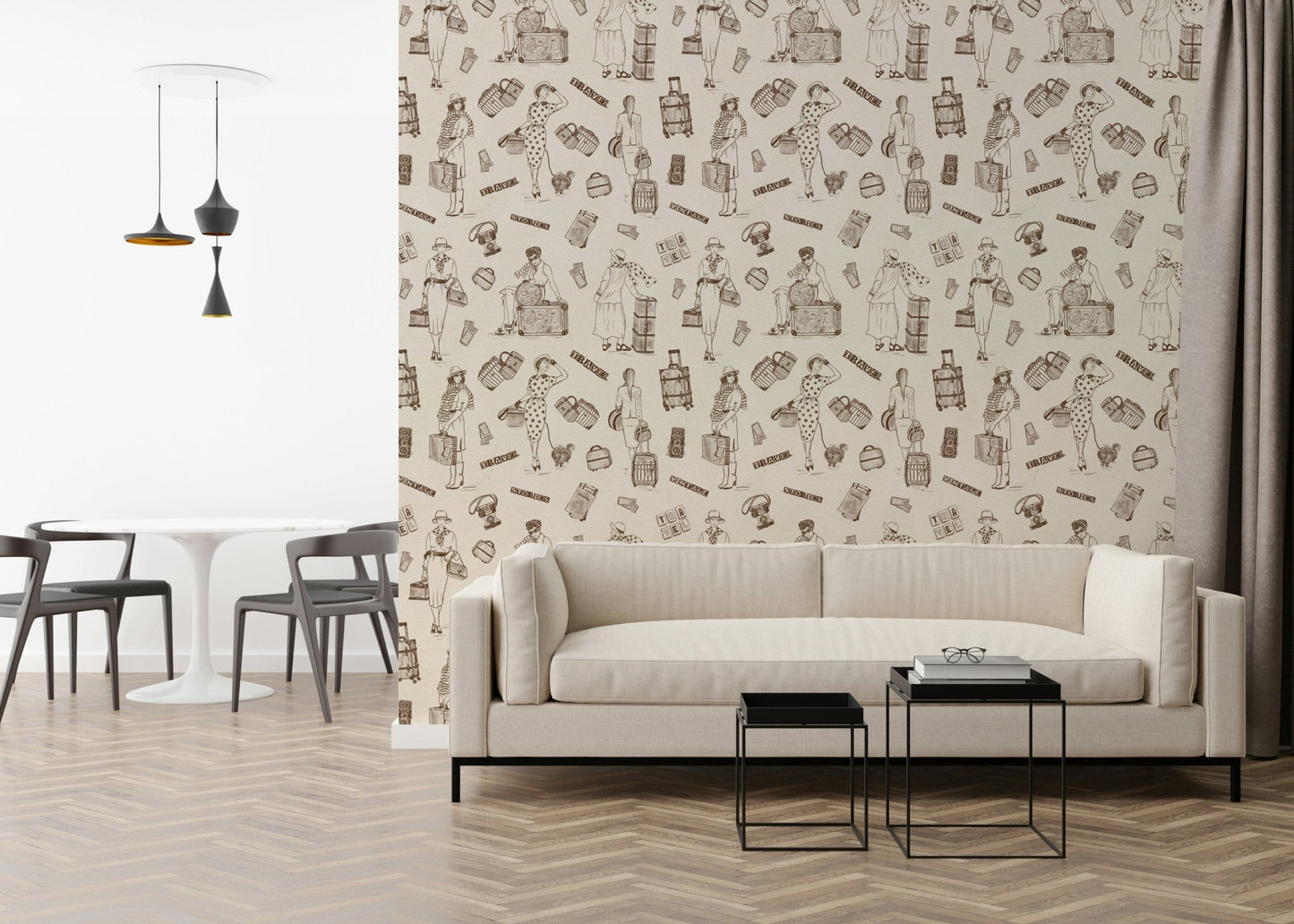 Peculiar Wall Mural Travel Stories Wallpaper retro travelers strolling blithely.