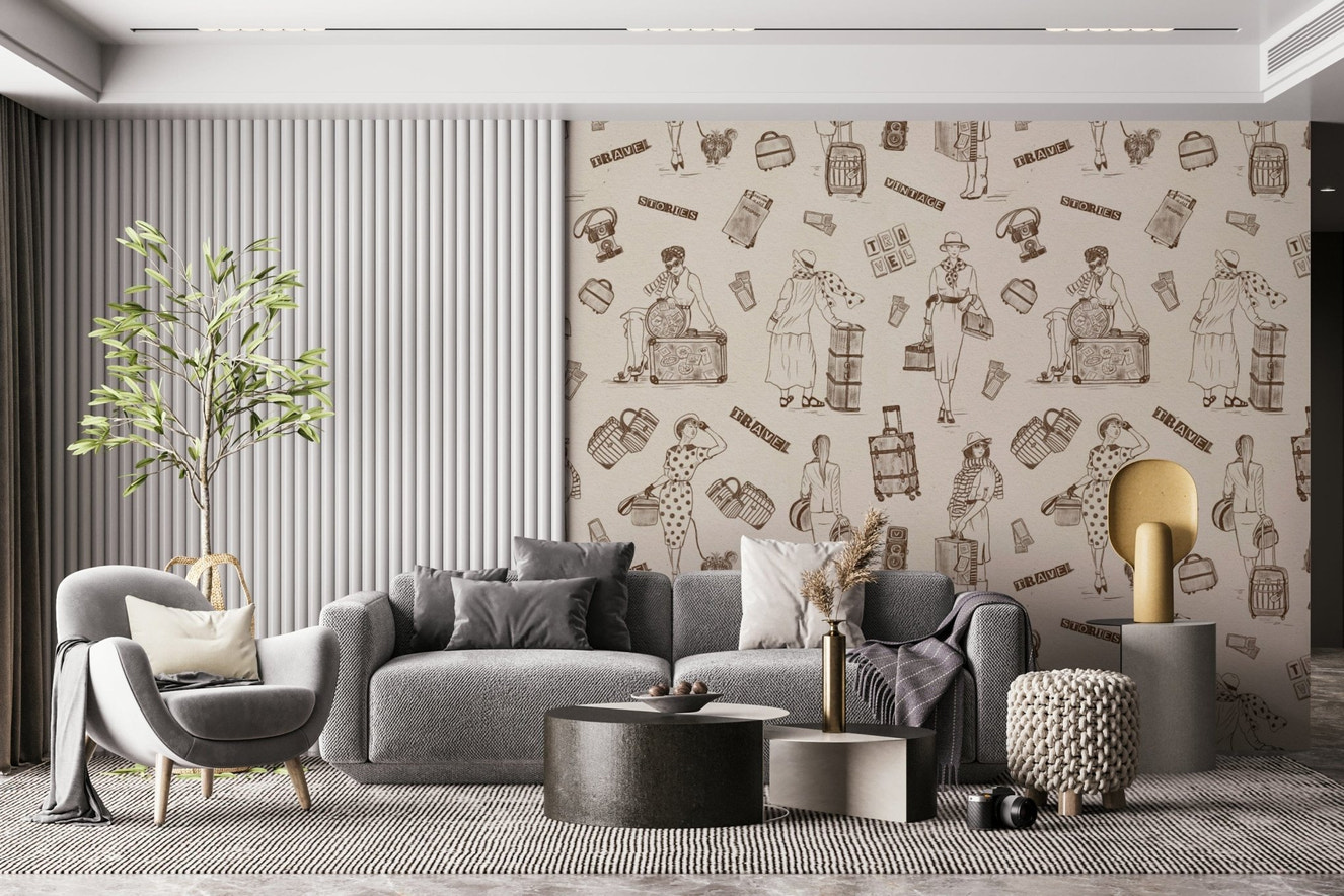 Eccentric Wall Mural dames satchels passports sepia sketch Journeying.