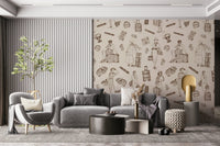 Eccentric Wall Mural dames satchels passports sepia sketch Journeying.