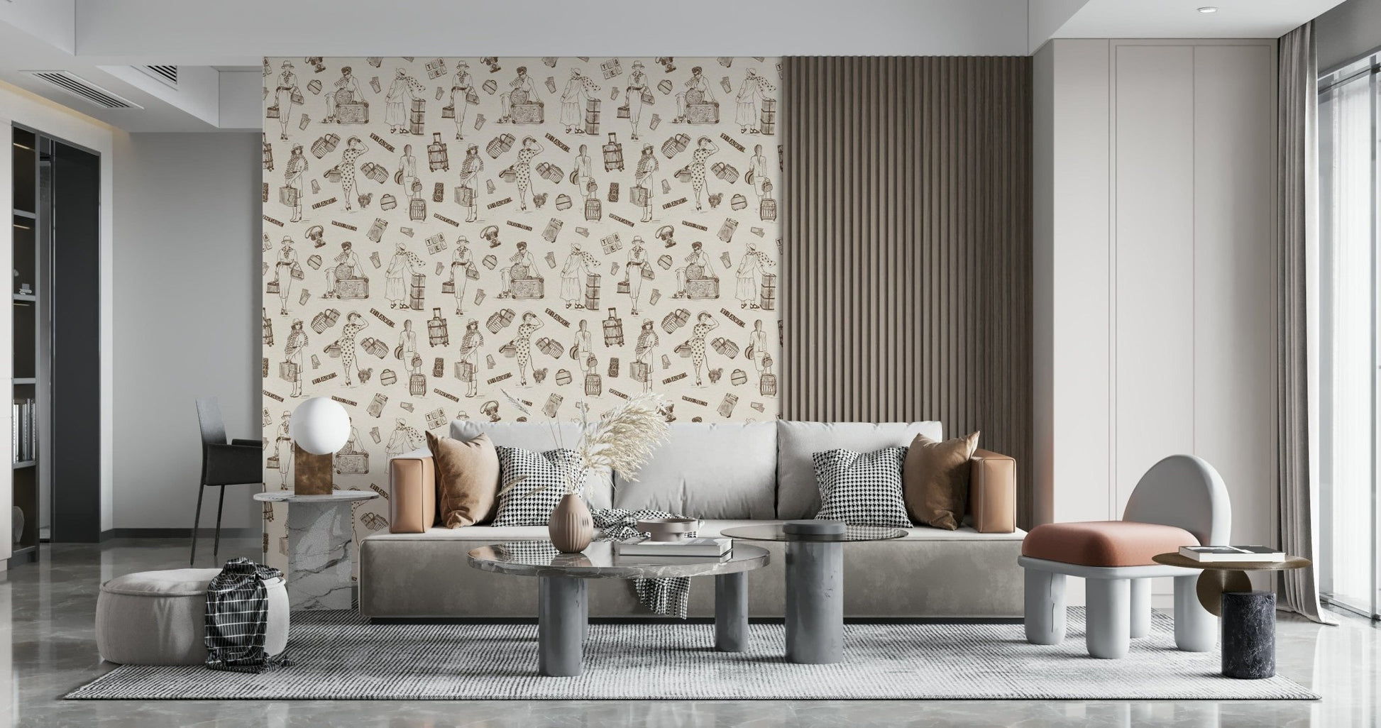 Travel Stories Wallpaper wall covering sepia illustration bizarre luggage array.