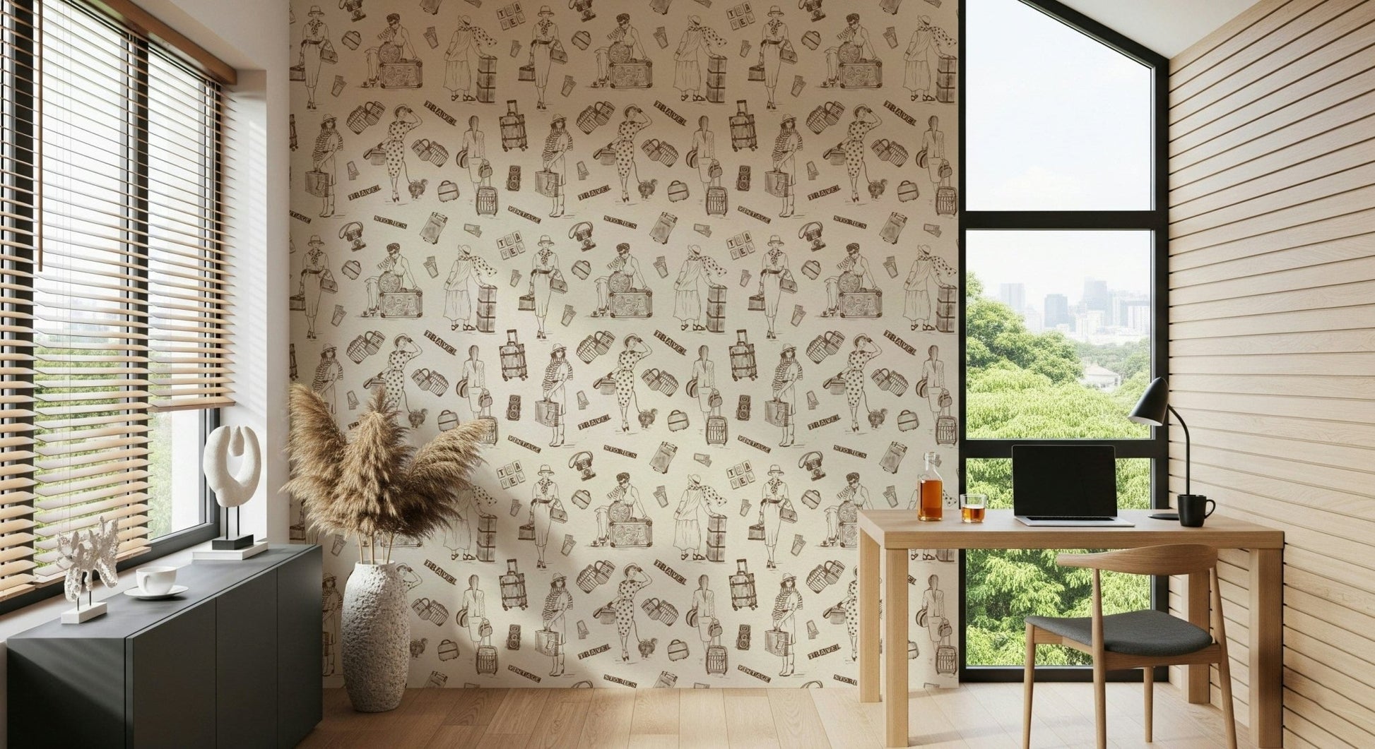 Quirky Travel Stories Wallpaper retro fashionistas globetrotting bags suitcases.