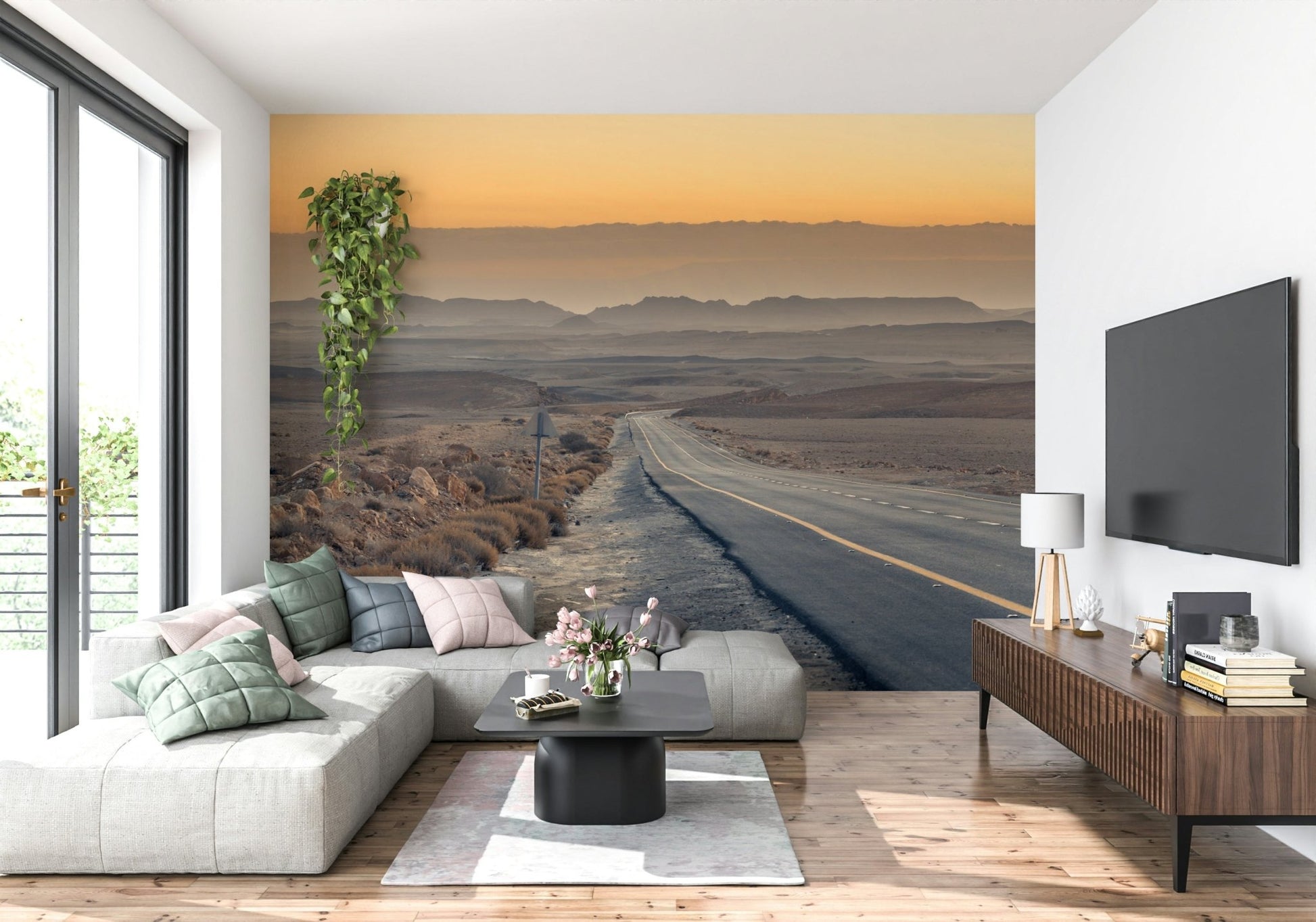 Moody golden Traversing the Desert Wall Murall light graphic.
