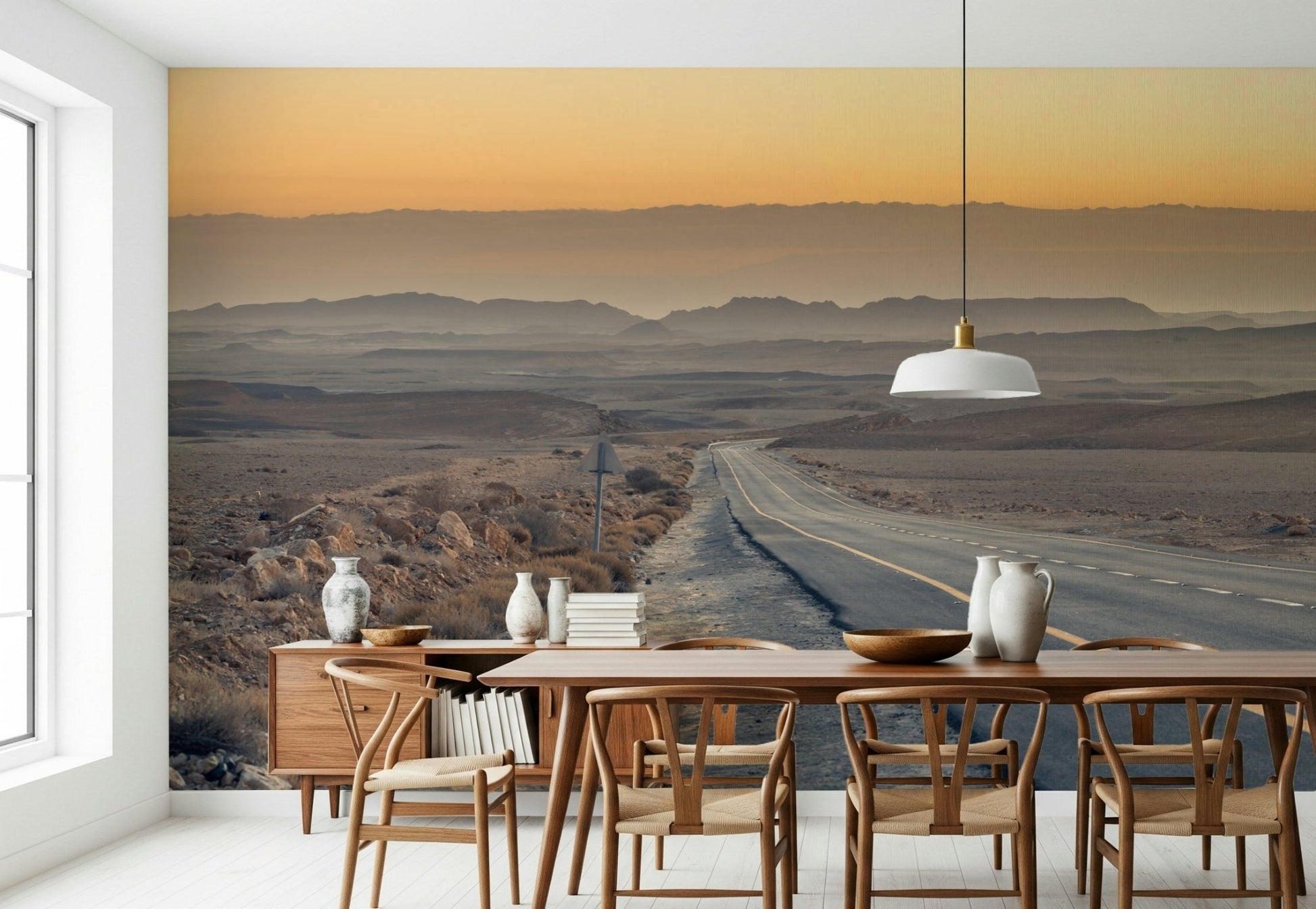 Panoramic vast Traversing the Desert Wall Murall arid landscape.