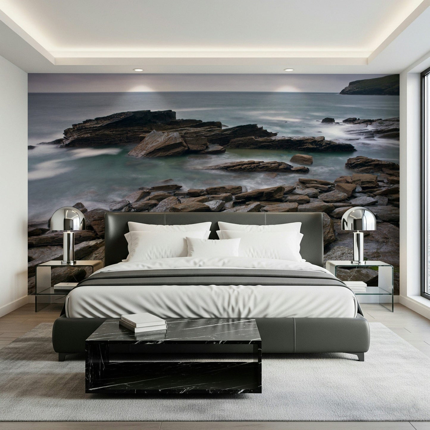 Craggy sea vista Trebarwith Strand wall mural, slate stones, dramatic sky.