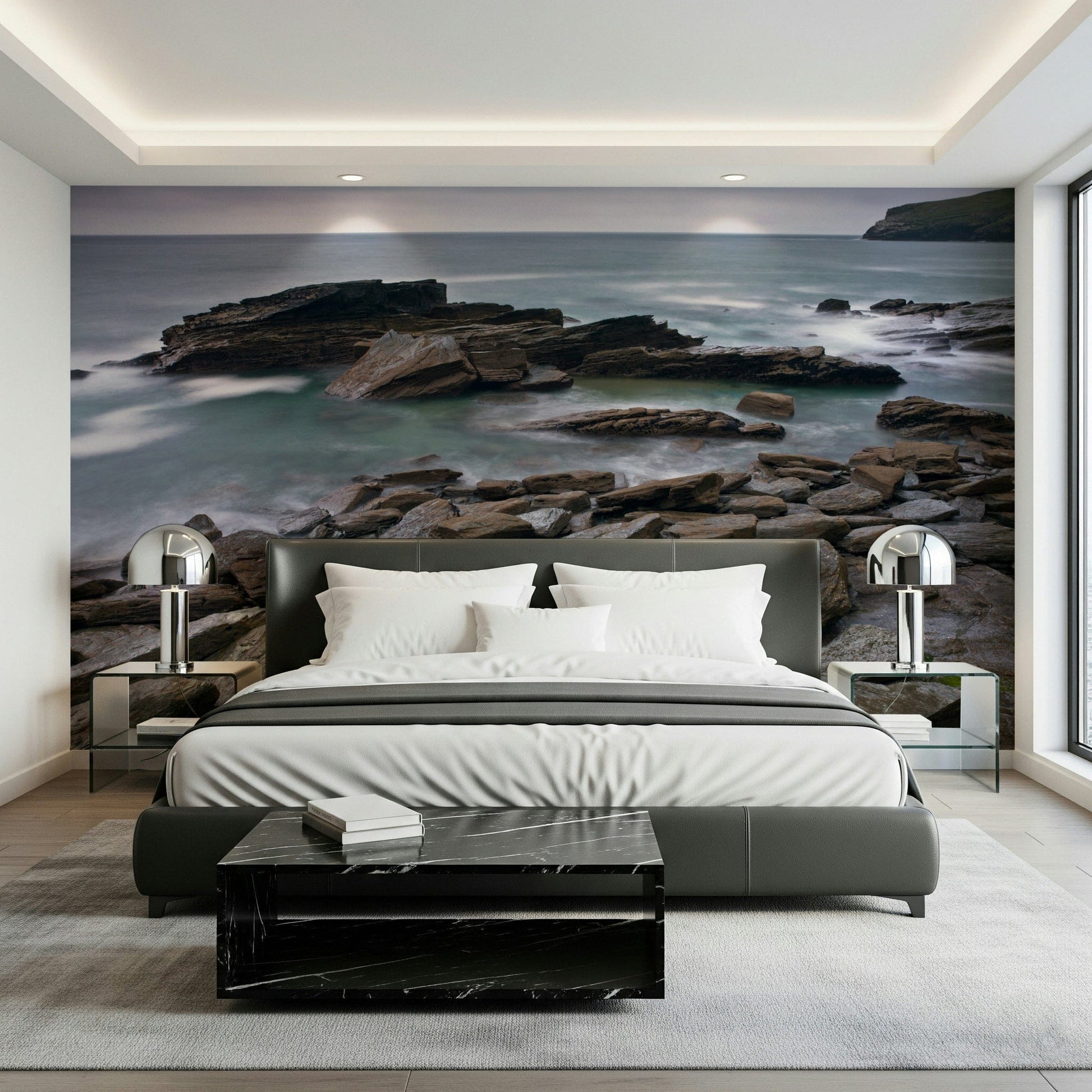 Craggy sea vista Trebarwith Strand wall mural, slate stones, dramatic sky.