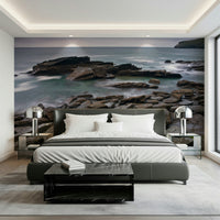 Craggy sea vista Trebarwith Strand wall mural, slate stones, dramatic sky.
