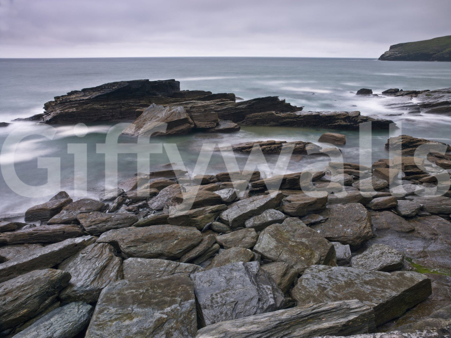 Trebarwith Strand rock pools, seafoam flow, captivating wall print.