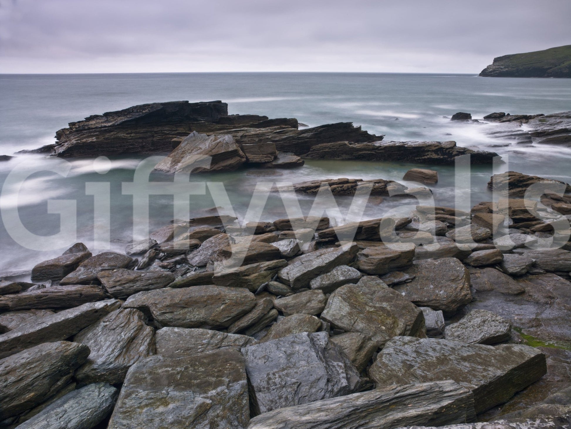 Trebarwith Strand rock pools, seafoam flow, captivating wall print.