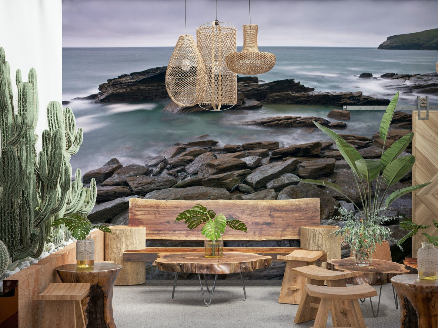 Grey Trebarwith Strand wallpaper for walls, rugged beach, dark horizon.