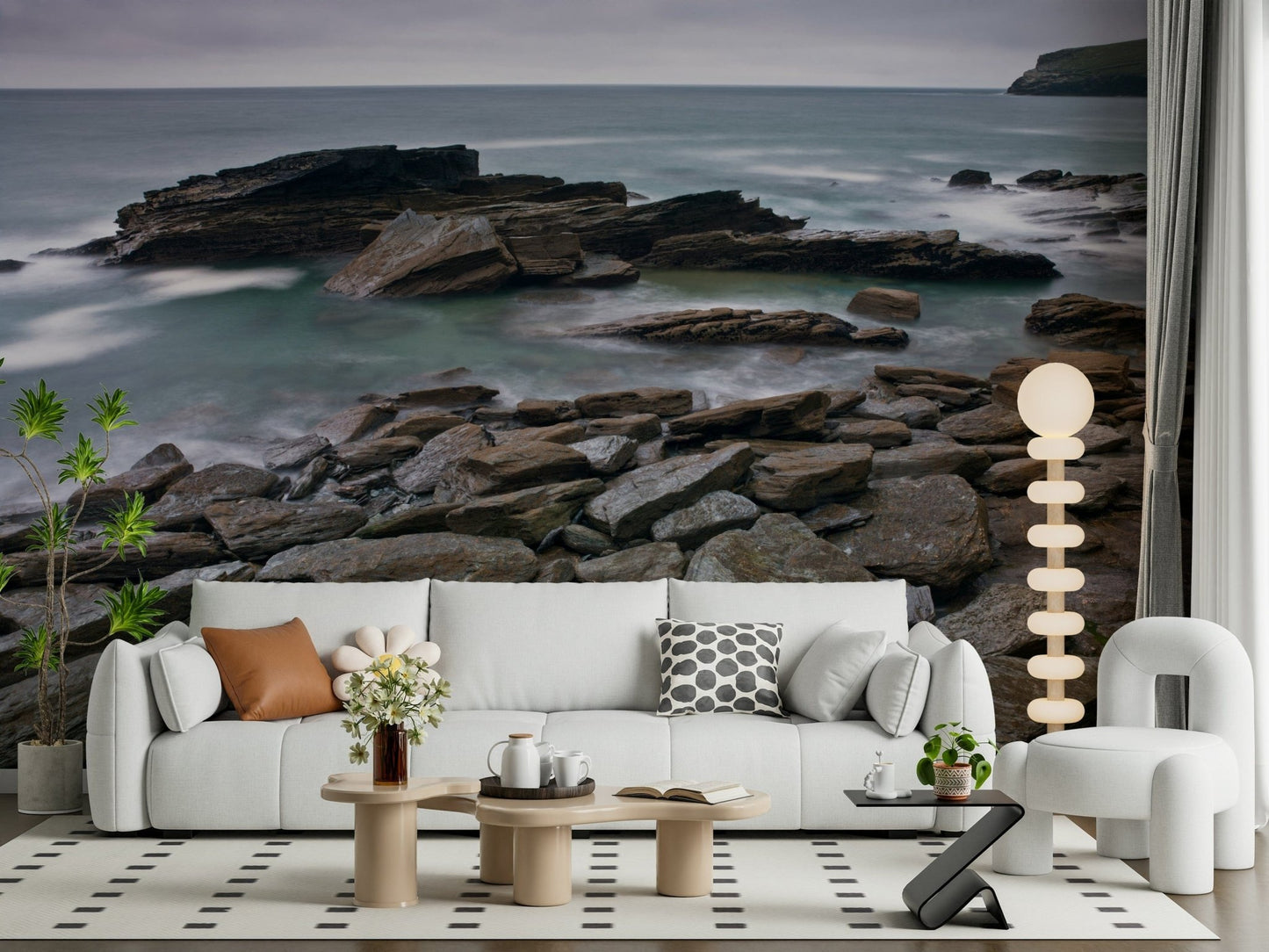 Monochromatic Trebarwith Strand coastal art, textured rocks, soft water.