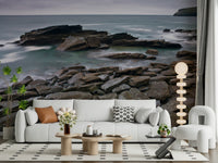 Monochromatic Trebarwith Strand coastal art, textured rocks, soft water.