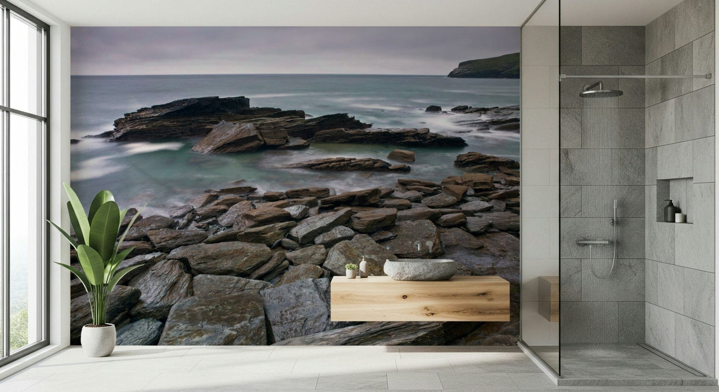 Trebarwith Strand wall covering, geological strata, cold ocean view.