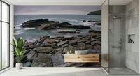 Trebarwith Strand wall covering, geological strata, cold ocean view.
