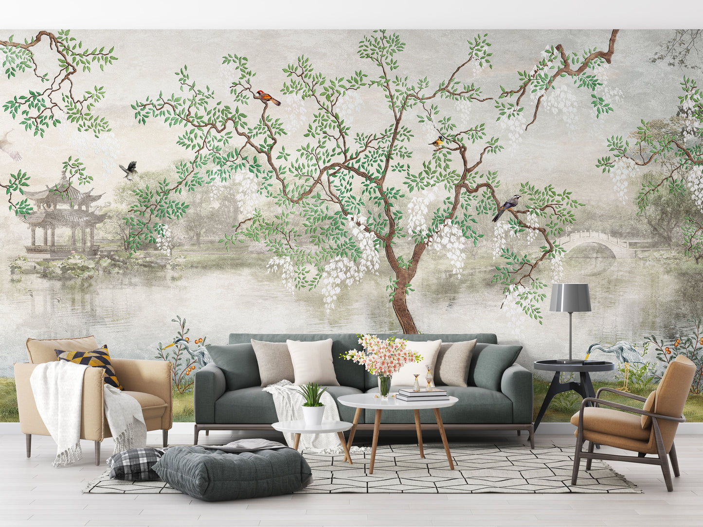 Tree and bird mural for serene spaces
