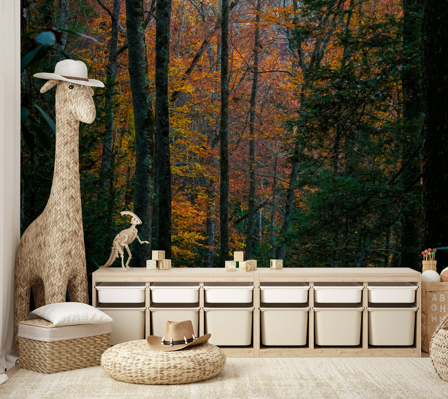 A beautiful wide-angle wall mural of a peaceful wood.

