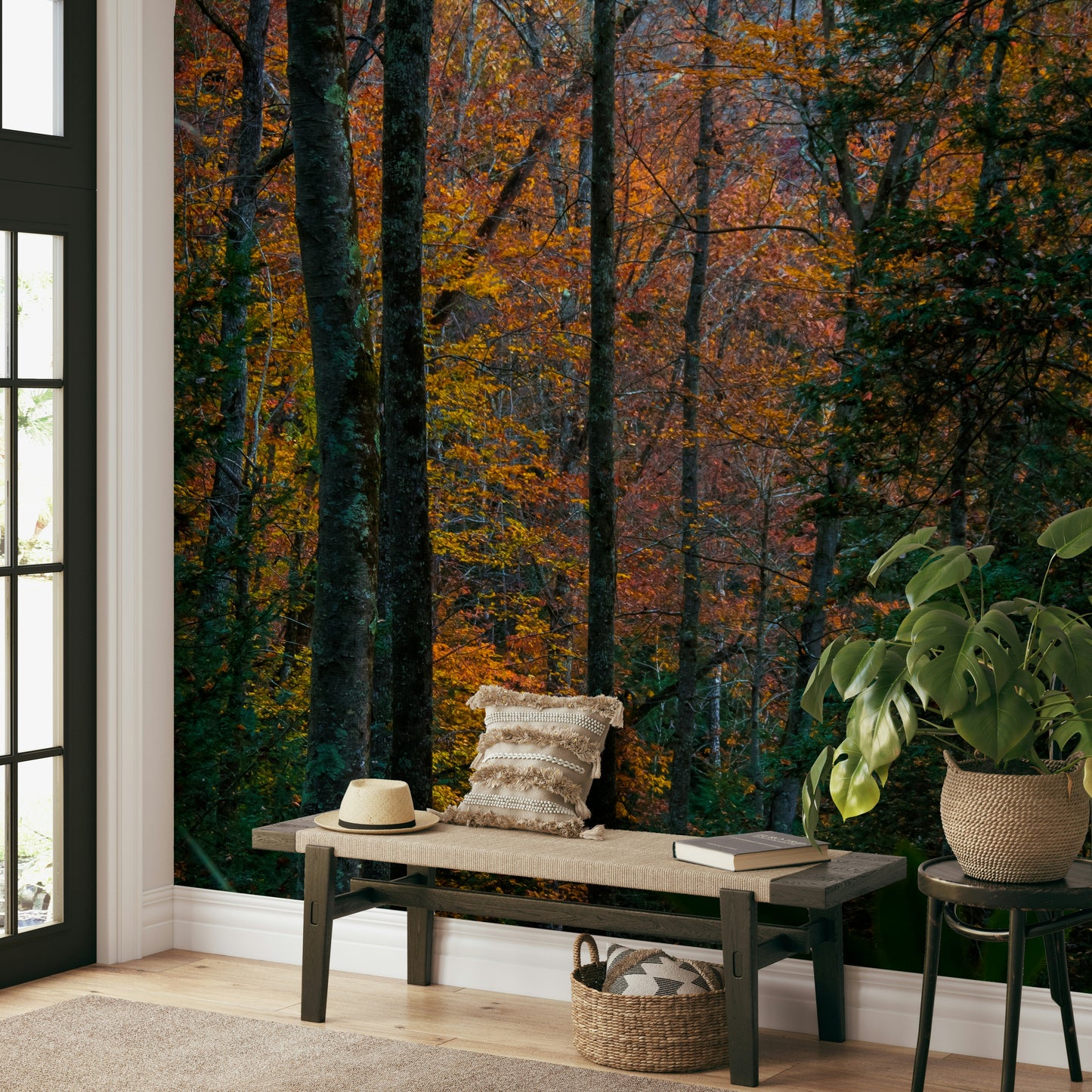 A peaceful open woods mural on decorative wallpaper.


