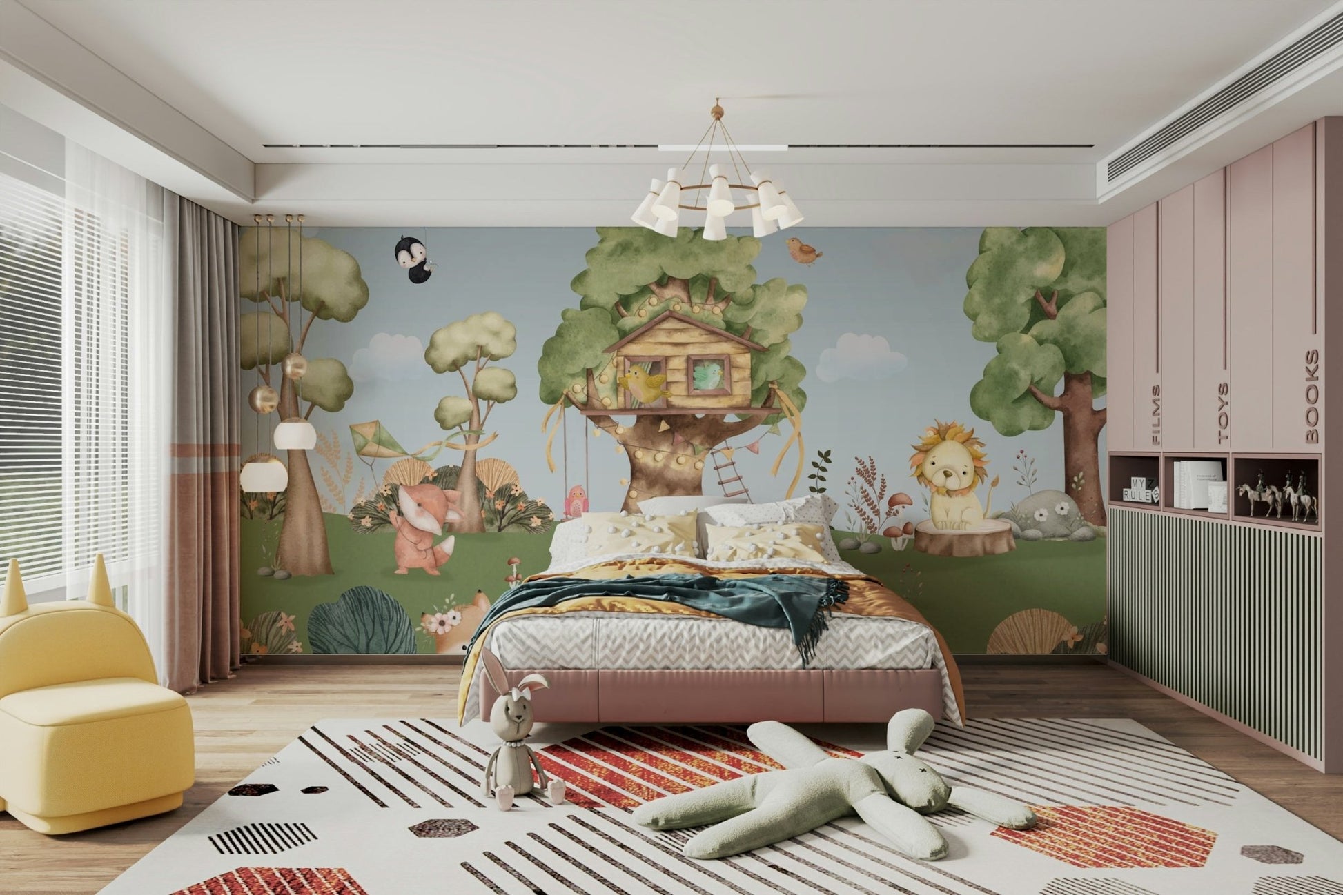 The background is a quiet forest with tall trees and plants.

