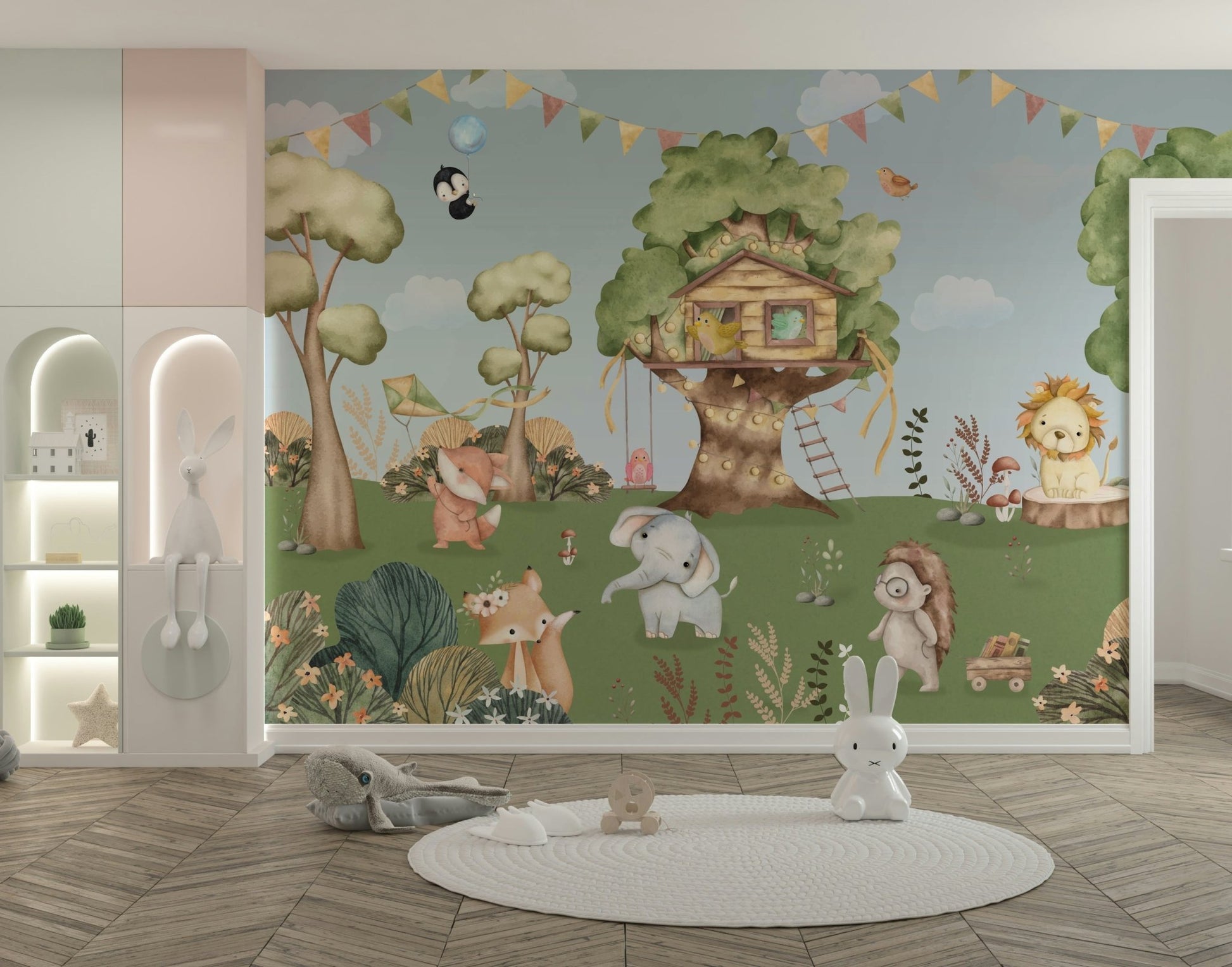 A friendly bear is standing at the base of the tree.

