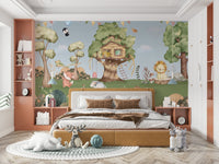 The colors are soft and muted, with shades of green, gray, and brown.

